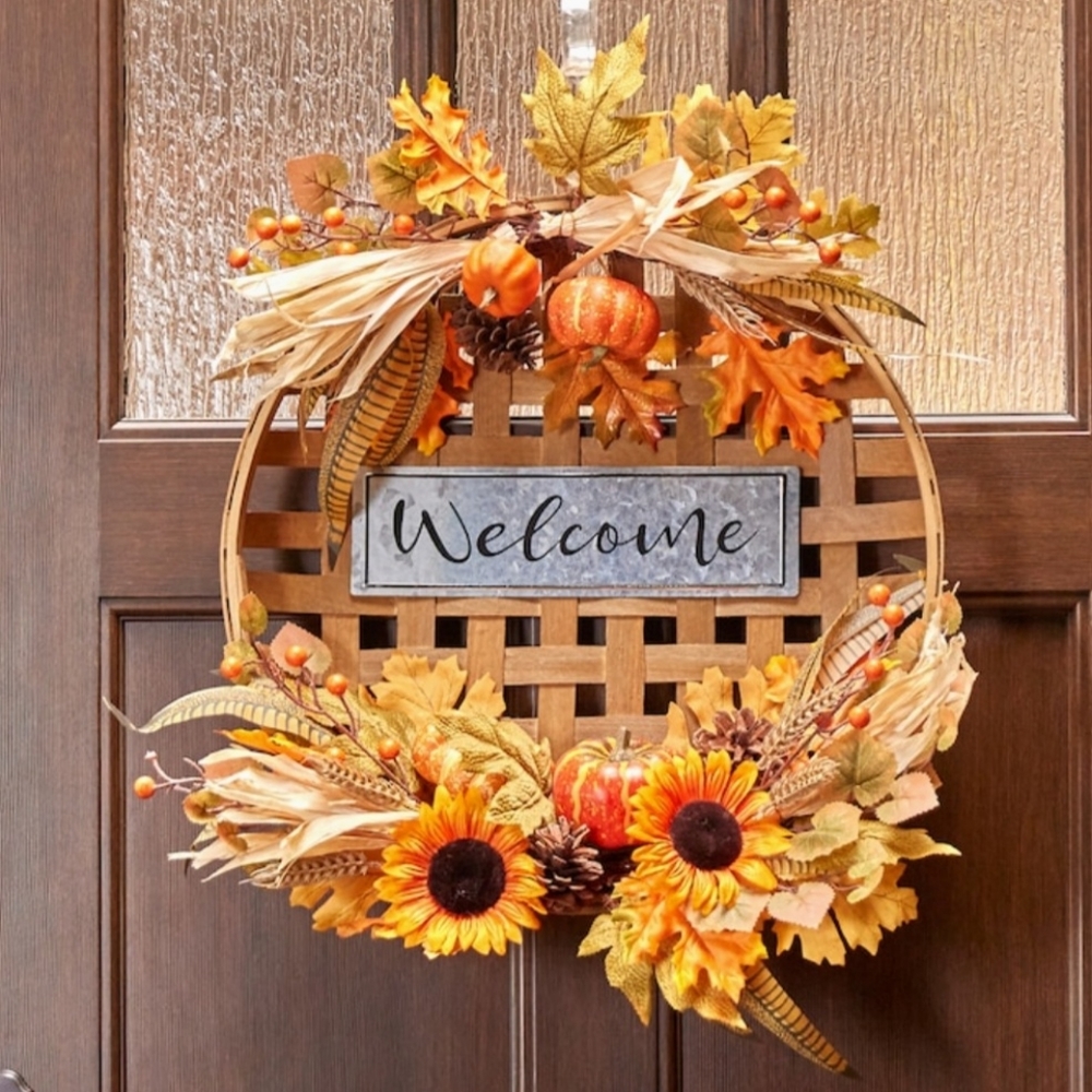 Holiday Living Tobacco Basket, Pumpkin & Sunflower Wreath